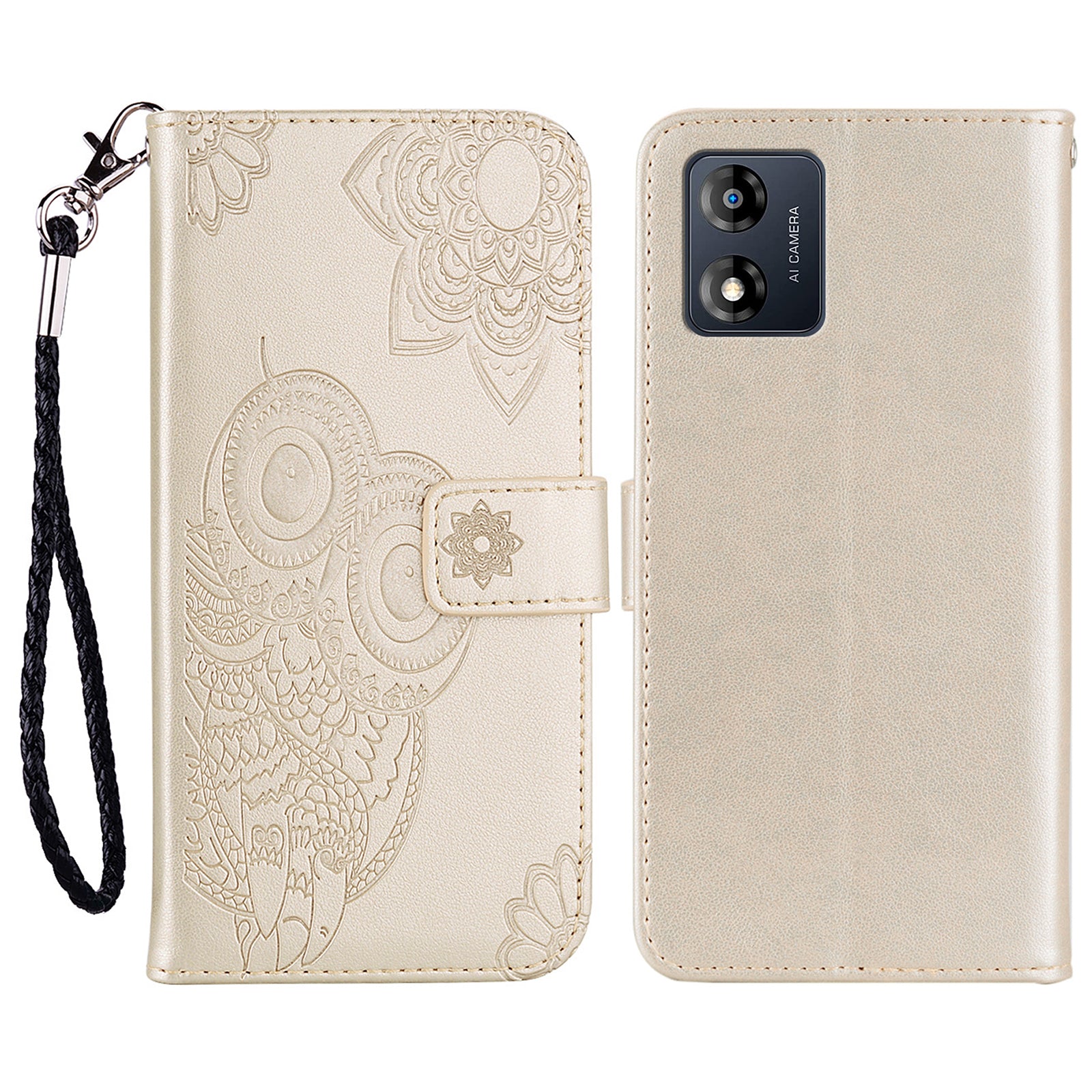 For Motorola Moto E13 4G PU Leather Stand Cover Imprinted Owl Flower Flip Wallet Phone Case