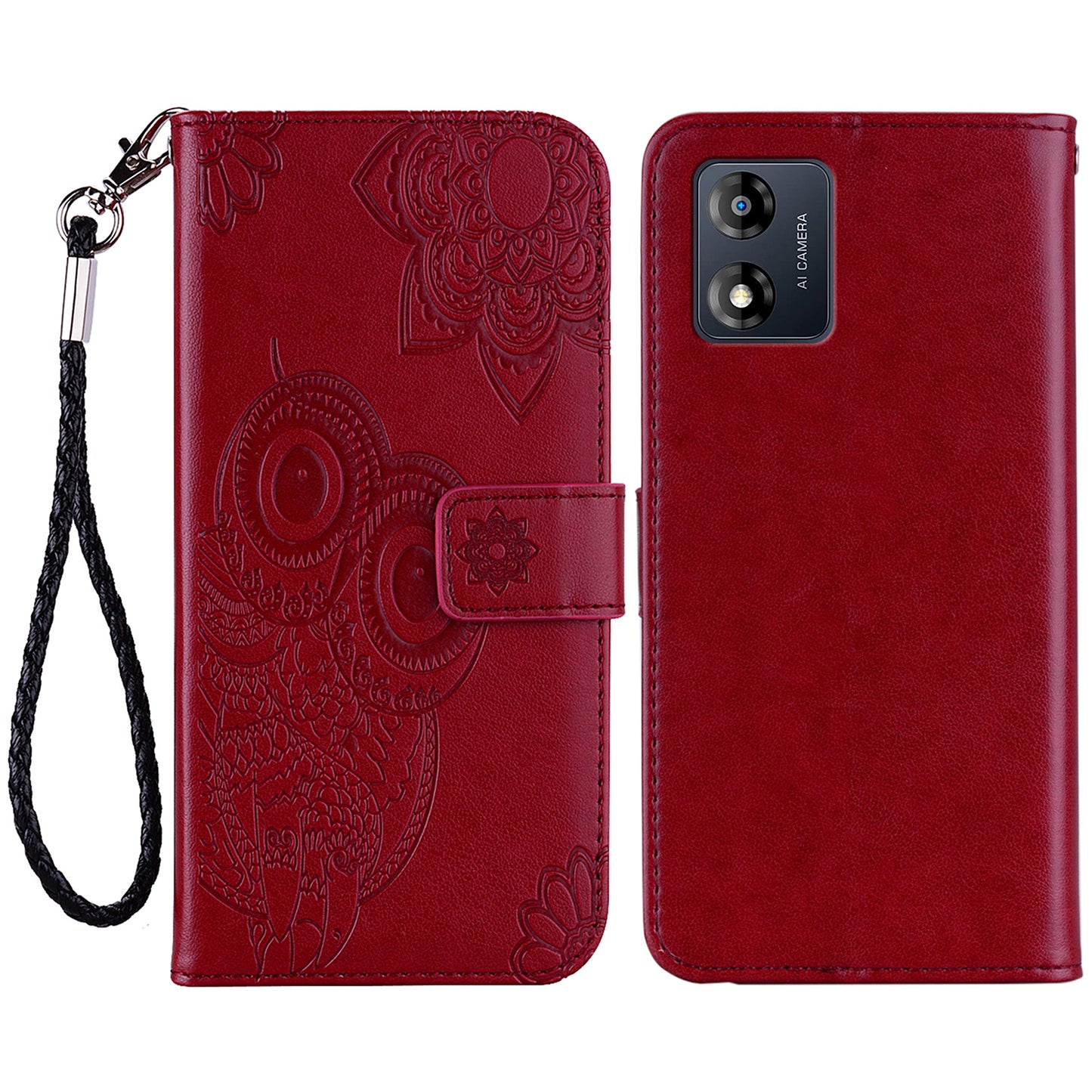 For Motorola Moto E13 4G PU Leather Stand Cover Imprinted Owl Flower Flip Wallet Phone Case