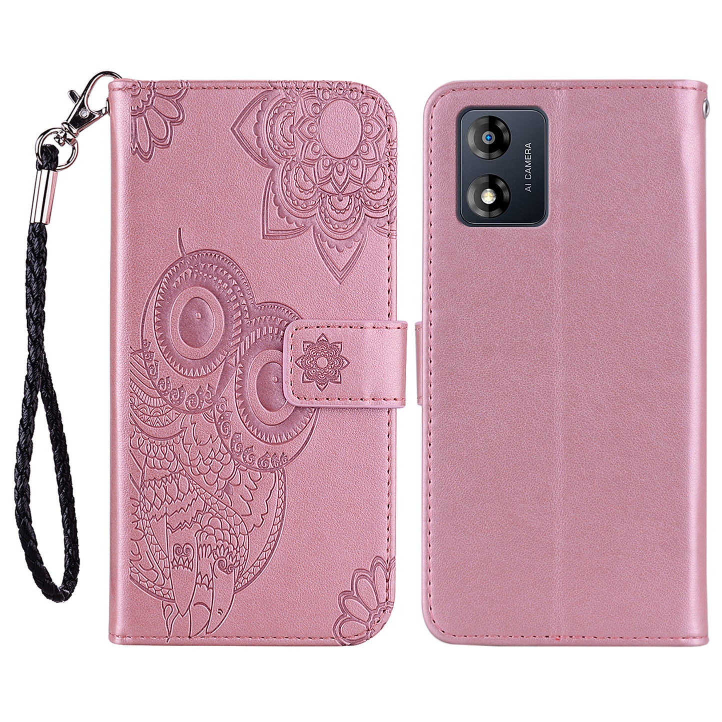 For Motorola Moto E13 4G PU Leather Stand Cover Imprinted Owl Flower Flip Wallet Phone Case