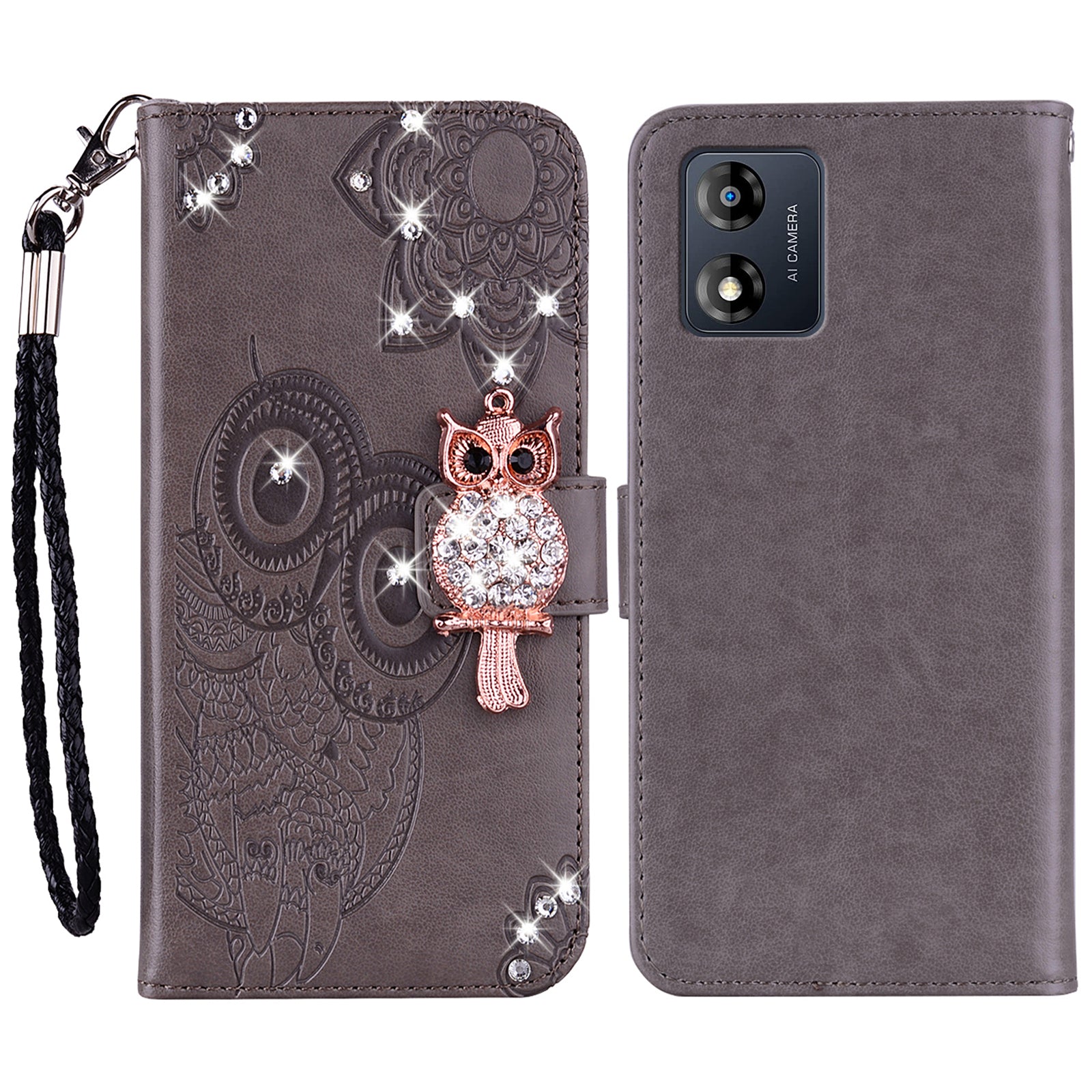 For Motorola Moto E13 4G Glitter Rhinestone PU Leather Case Imprinted Owl Flower Stand Wallet Phone Cover