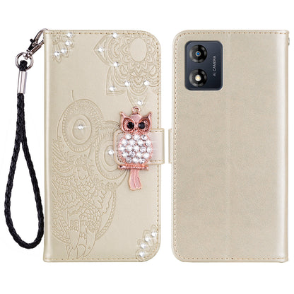 For Motorola Moto E13 4G Glitter Rhinestone PU Leather Case Imprinted Owl Flower Stand Wallet Phone Cover