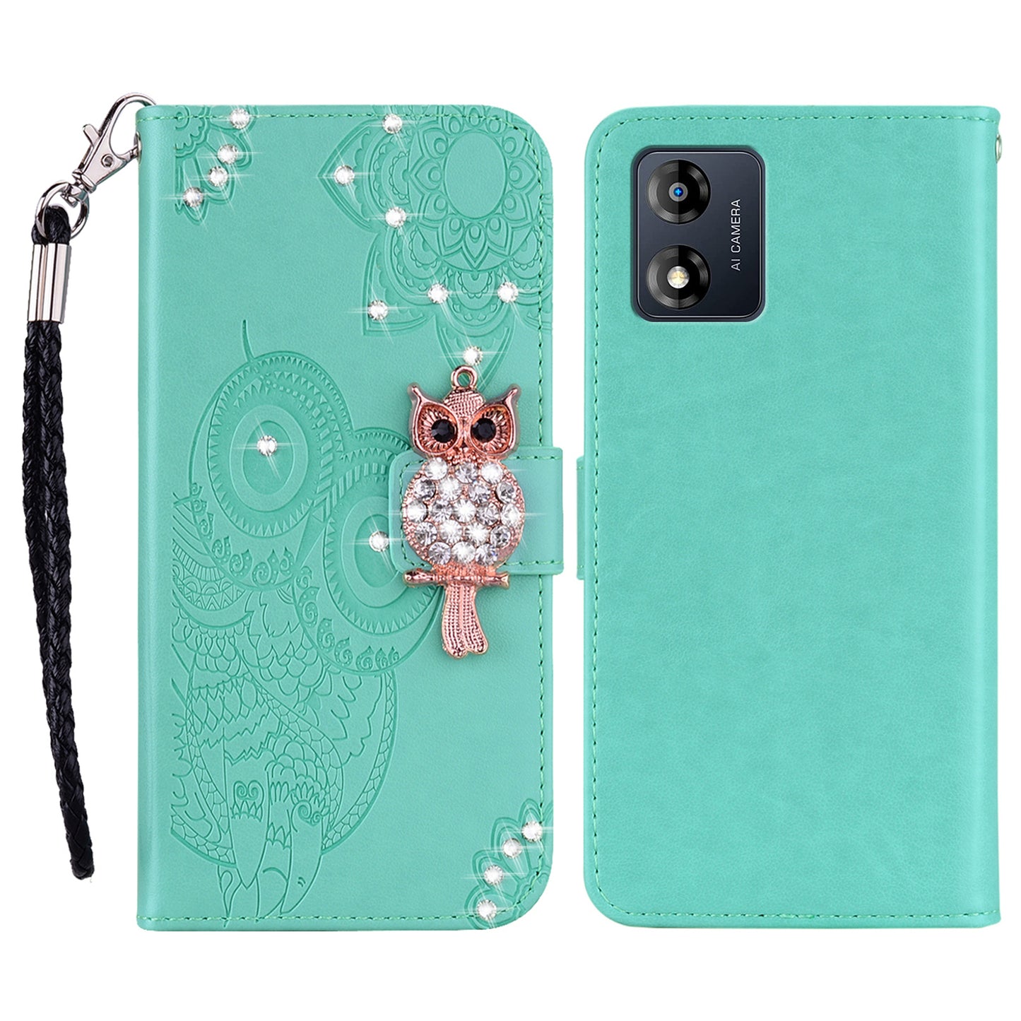 For Motorola Moto E13 4G Glitter Rhinestone PU Leather Case Imprinted Owl Flower Stand Wallet Phone Cover