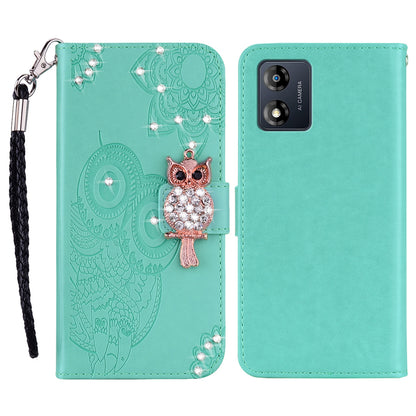 For Motorola Moto E13 4G Glitter Rhinestone PU Leather Case Imprinted Owl Flower Stand Wallet Phone Cover