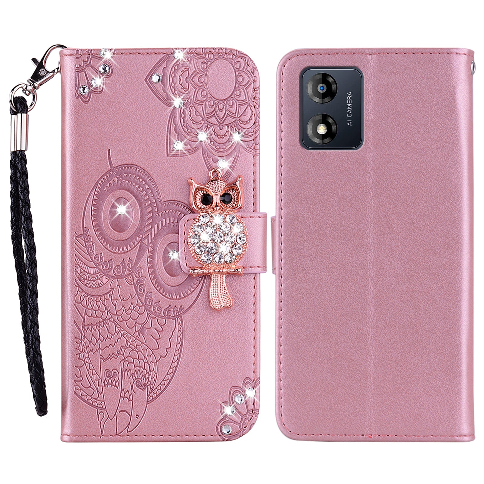 For Motorola Moto E13 4G Glitter Rhinestone PU Leather Case Imprinted Owl Flower Stand Wallet Phone Cover