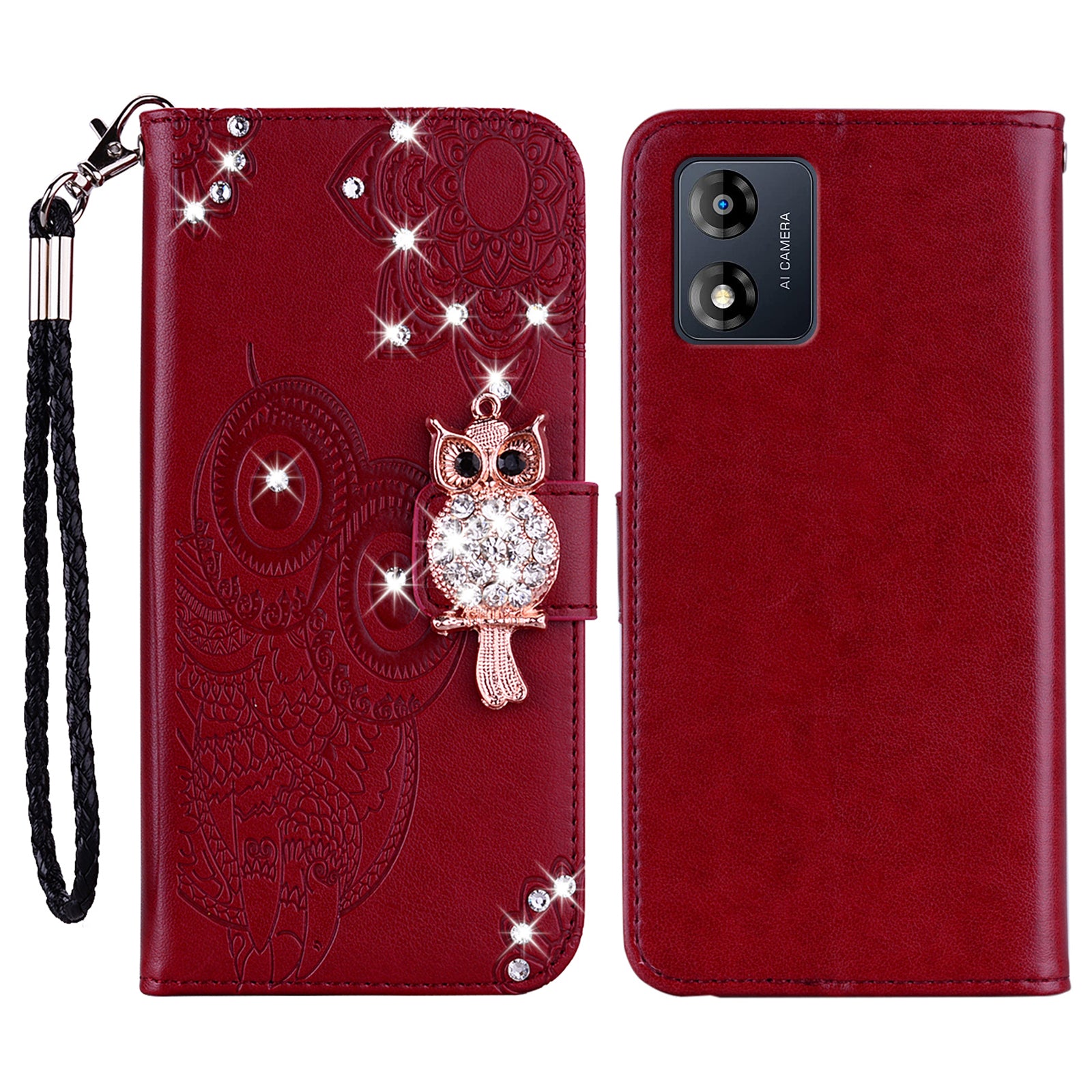 For Motorola Moto E13 4G Glitter Rhinestone PU Leather Case Imprinted Owl Flower Stand Wallet Phone Cover