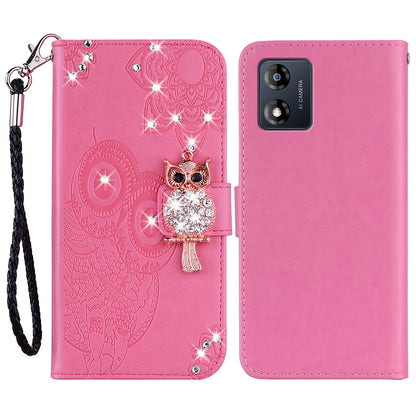 For Motorola Moto E13 4G Glitter Rhinestone PU Leather Case Imprinted Owl Flower Stand Wallet Phone Cover