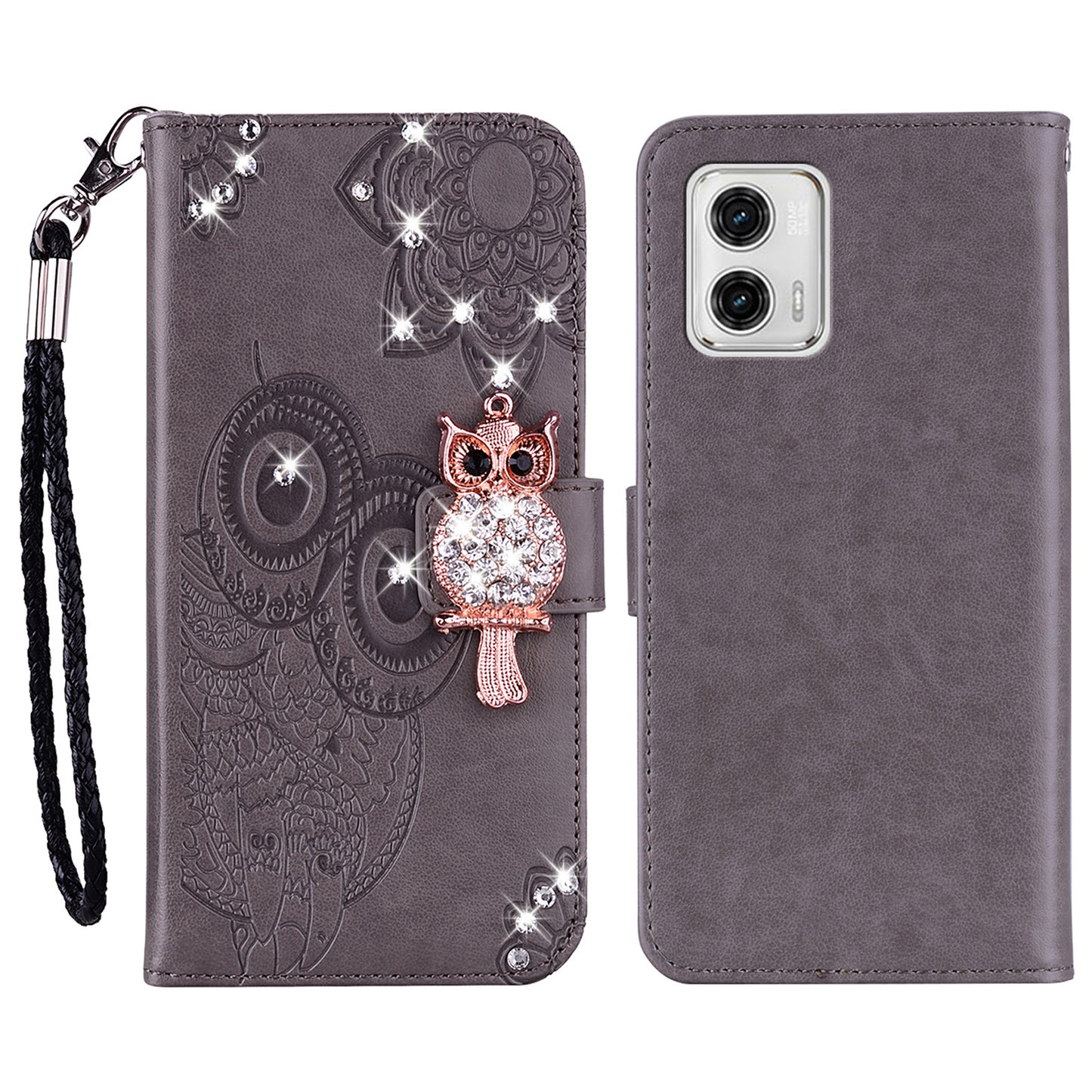 For Motorola Moto G13 4G / G23 4G / G53 5G Rhinestone Imprinted Owl Flower Phone Case PU Leather Stand Flip Folio Wallet Cover