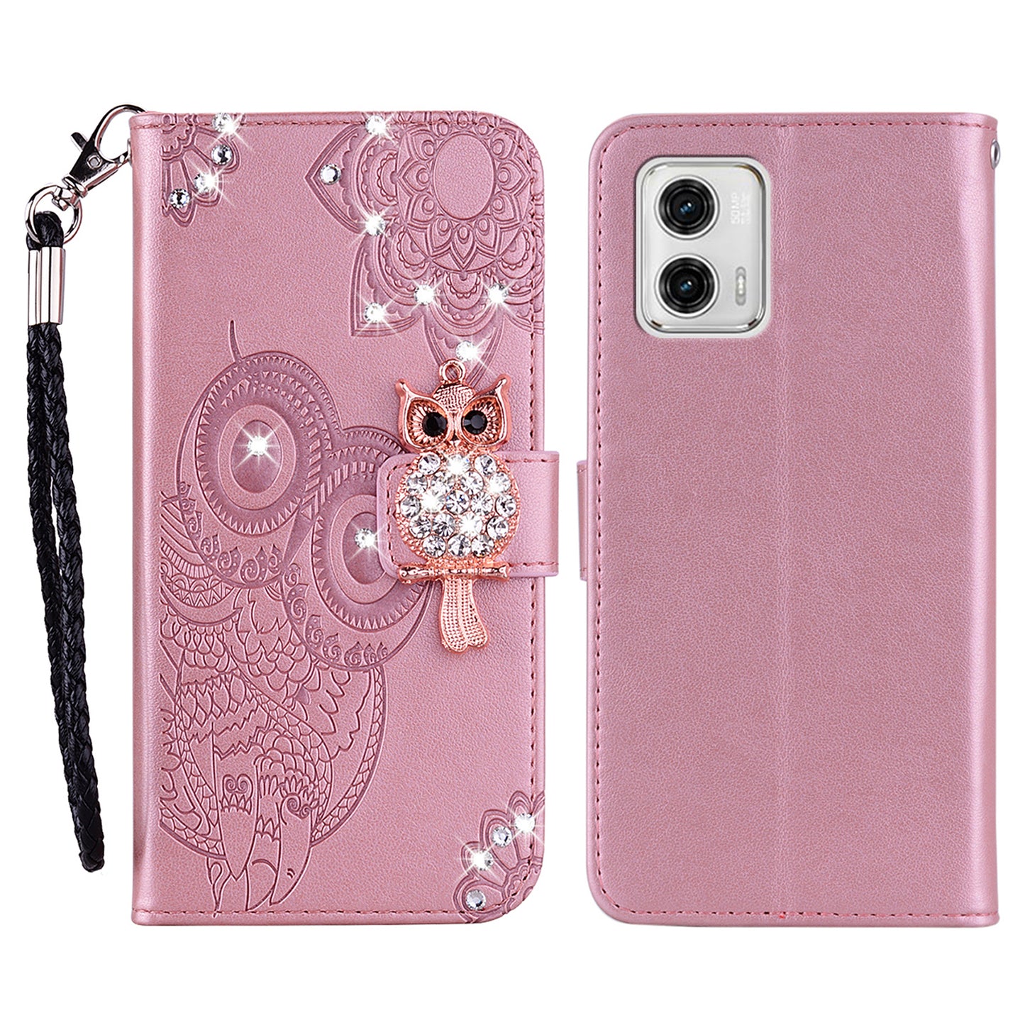 For Motorola Moto G13 4G / G23 4G / G53 5G Rhinestone Imprinted Owl Flower Phone Case PU Leather Stand Flip Folio Wallet Cover