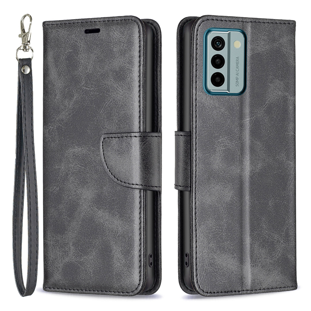 For Nokia G22 Solid Color Textured PU Leather Wallet Shell Shockproof Stand Phone Case with Strap