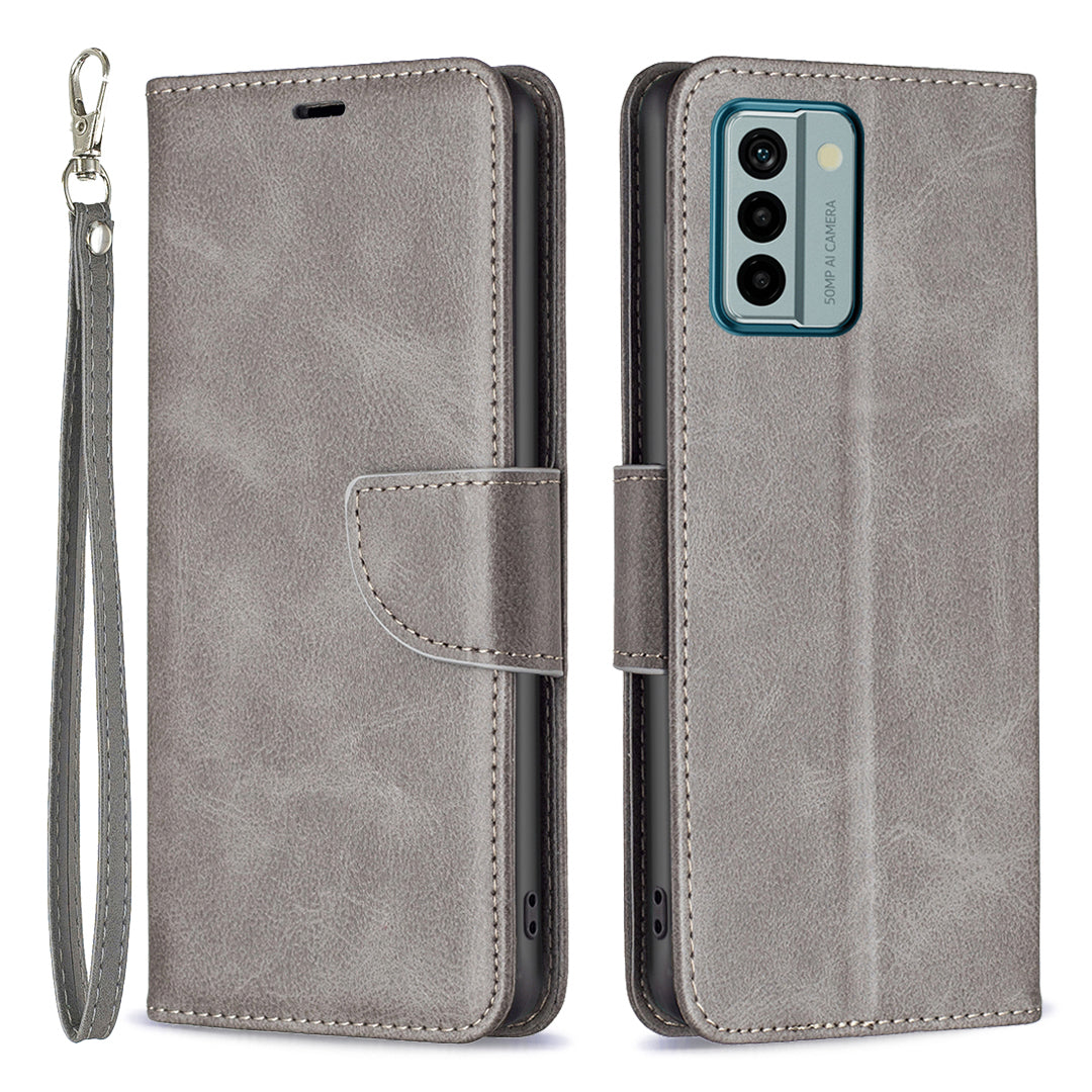 For Nokia G22 Solid Color Textured PU Leather Wallet Shell Shockproof Stand Phone Case with Strap