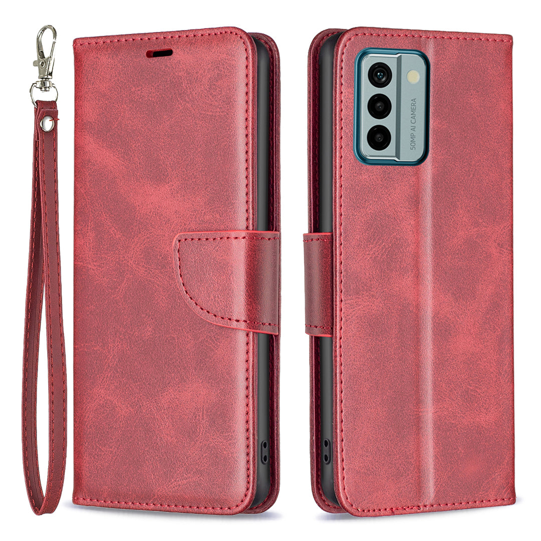 For Nokia G22 Solid Color Textured PU Leather Wallet Shell Shockproof Stand Phone Case with Strap