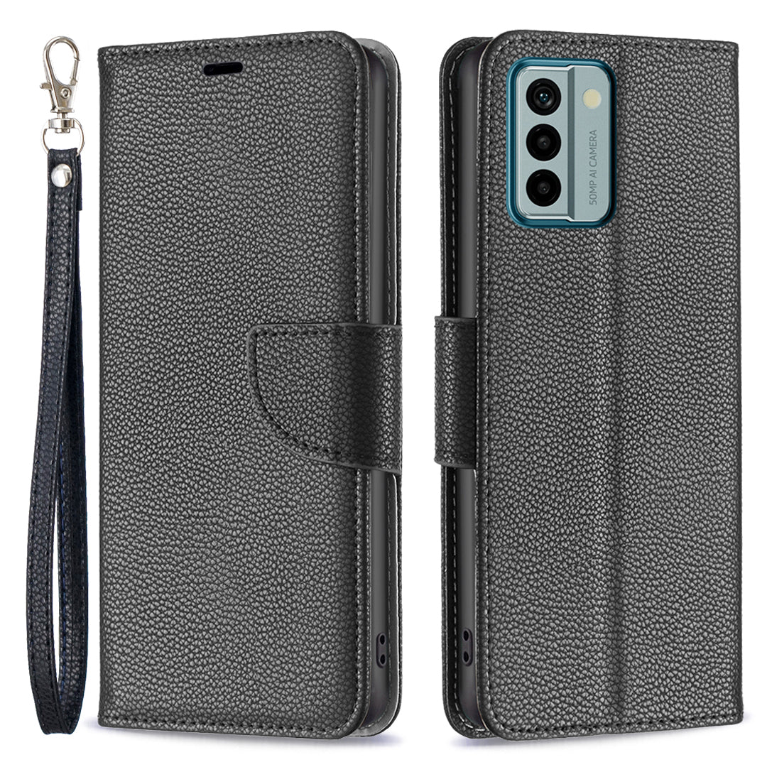 For Nokia G22 Solid Color PU Leather Wallet Cover Litchi Texture Flip Stand Phone Case with Strap