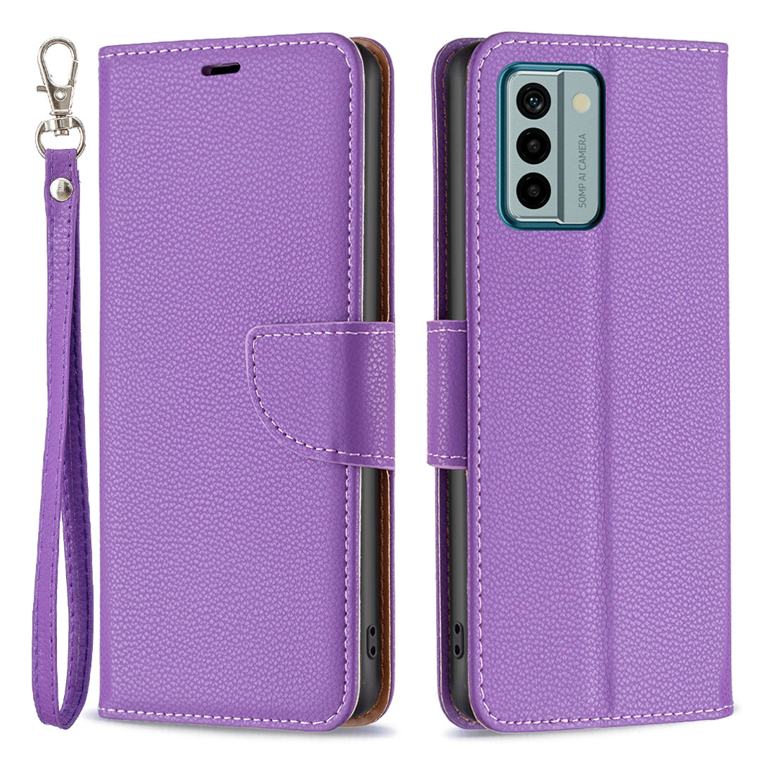 For Nokia G22 Solid Color PU Leather Wallet Cover Litchi Texture Flip Stand Phone Case with Strap