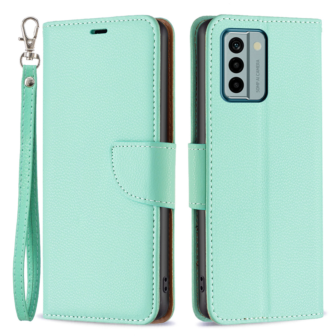 For Nokia G22 Solid Color PU Leather Wallet Cover Litchi Texture Flip Stand Phone Case with Strap