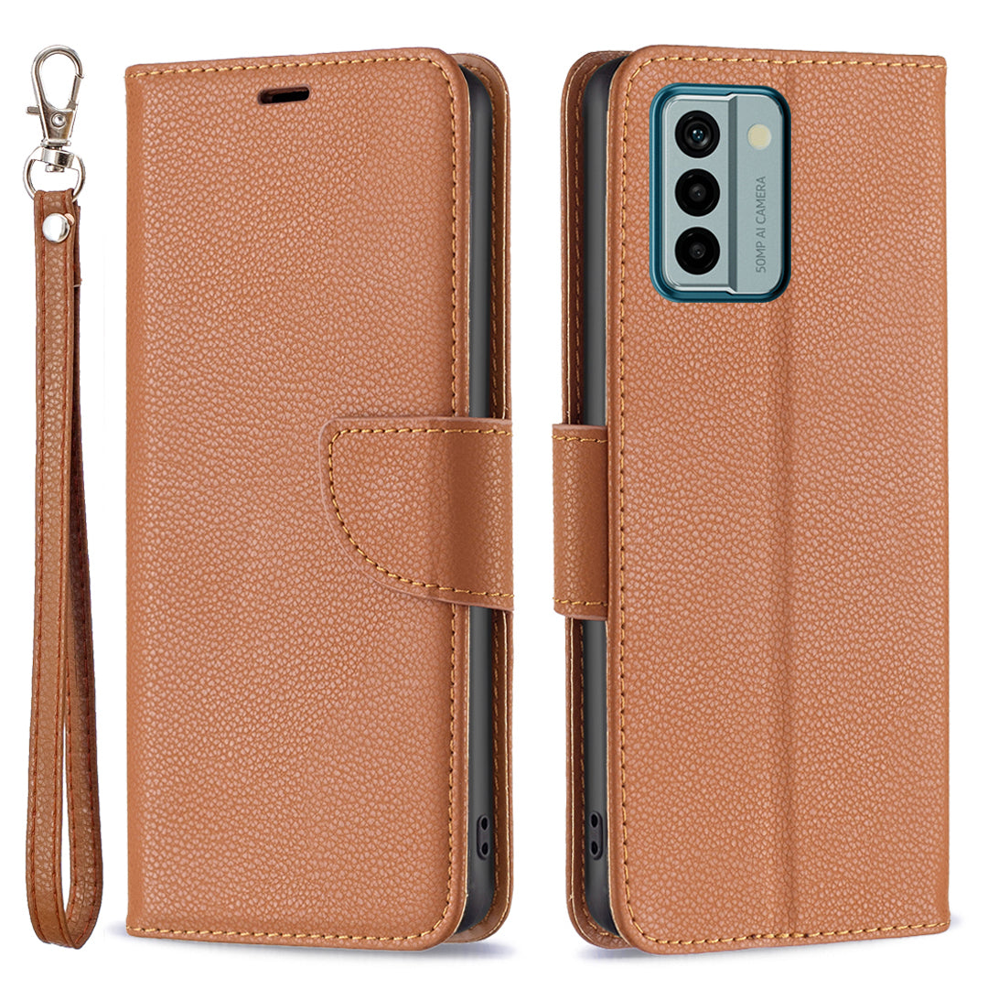 For Nokia G22 Solid Color PU Leather Wallet Cover Litchi Texture Flip Stand Phone Case with Strap