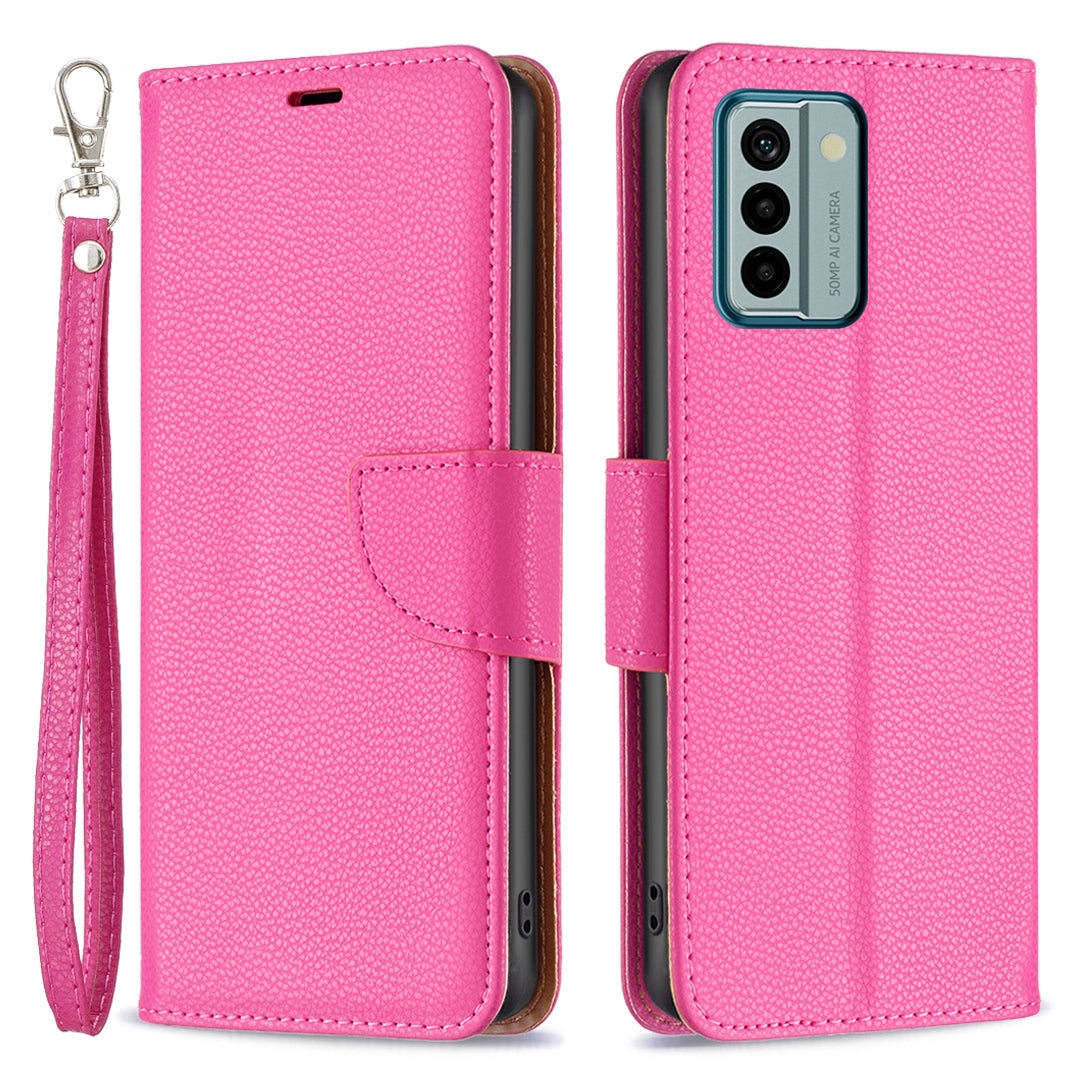 For Nokia G22 Solid Color PU Leather Wallet Cover Litchi Texture Flip Stand Phone Case with Strap