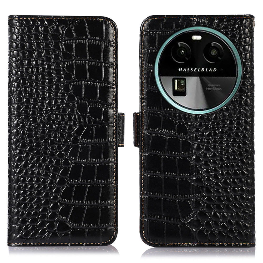 For Oppo Find X6 RFID Blocking Stand Wallet Crocodile Texture Genuine Cowhide Leather Phone Cover