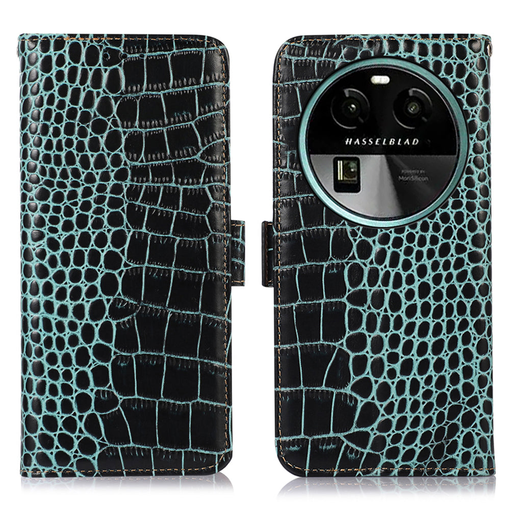 For Oppo Find X6 RFID Blocking Stand Wallet Crocodile Texture Genuine Cowhide Leather Phone Cover