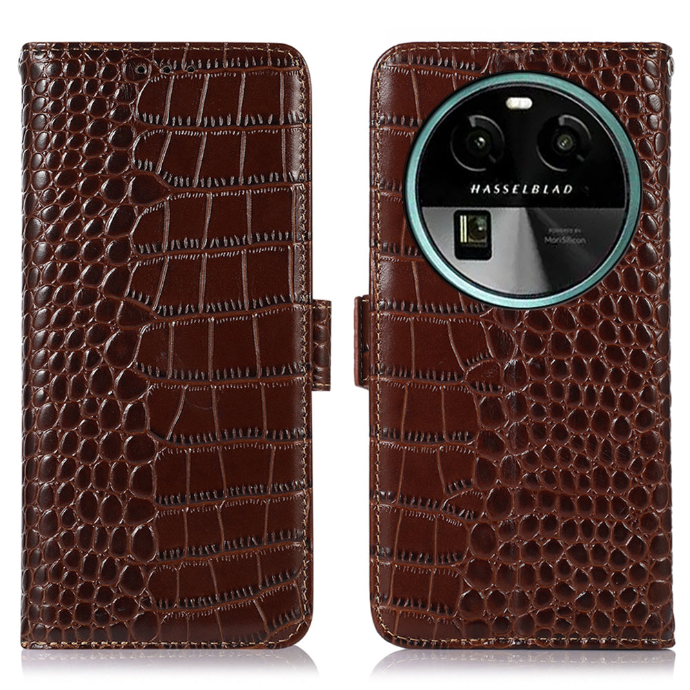 For Oppo Find X6 RFID Blocking Stand Wallet Crocodile Texture Genuine Cowhide Leather Phone Cover