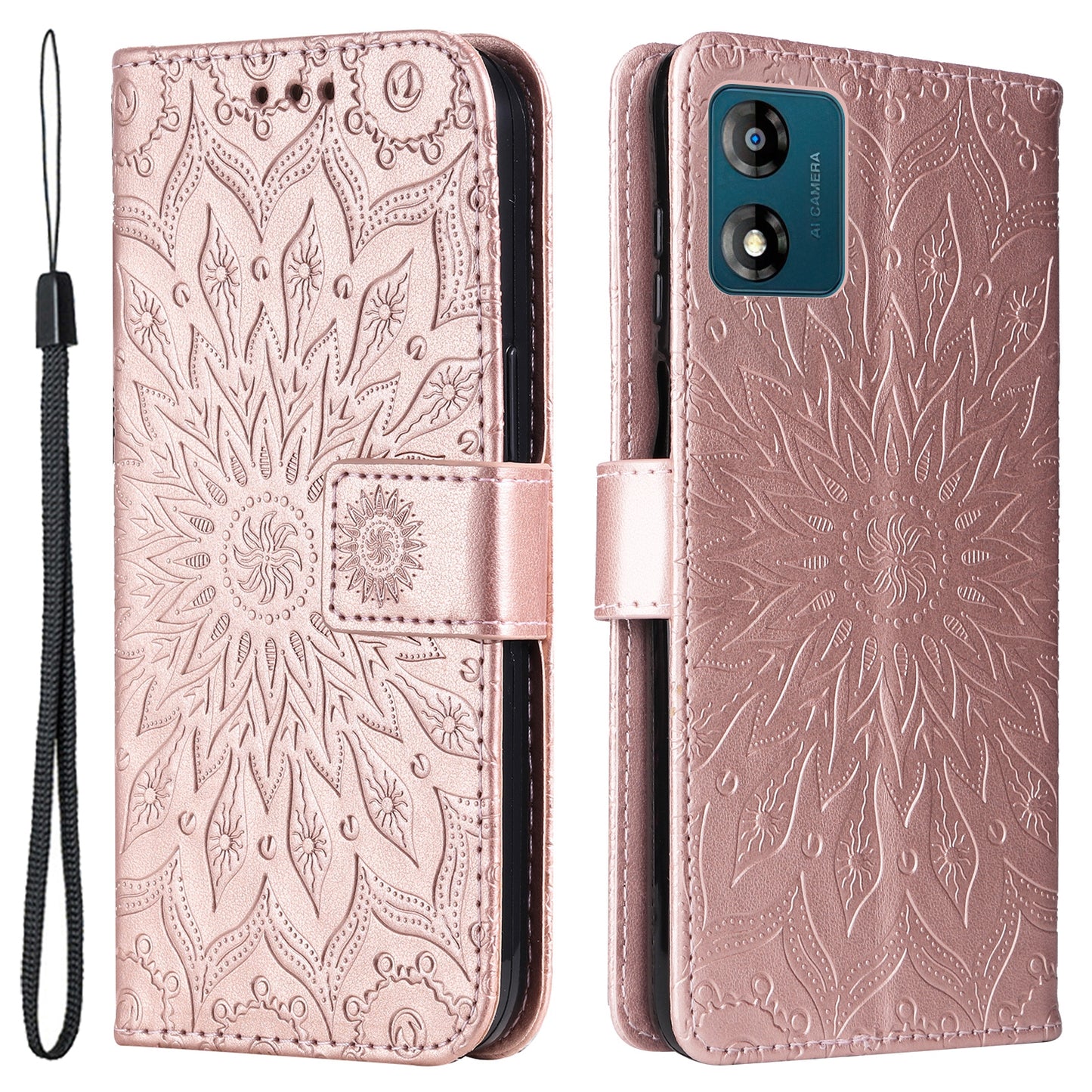 KT Imprinting Flower Series-1 Stand Phone Case for Motorola Moto E13 4G Wallet PU Leather Cover with Strap