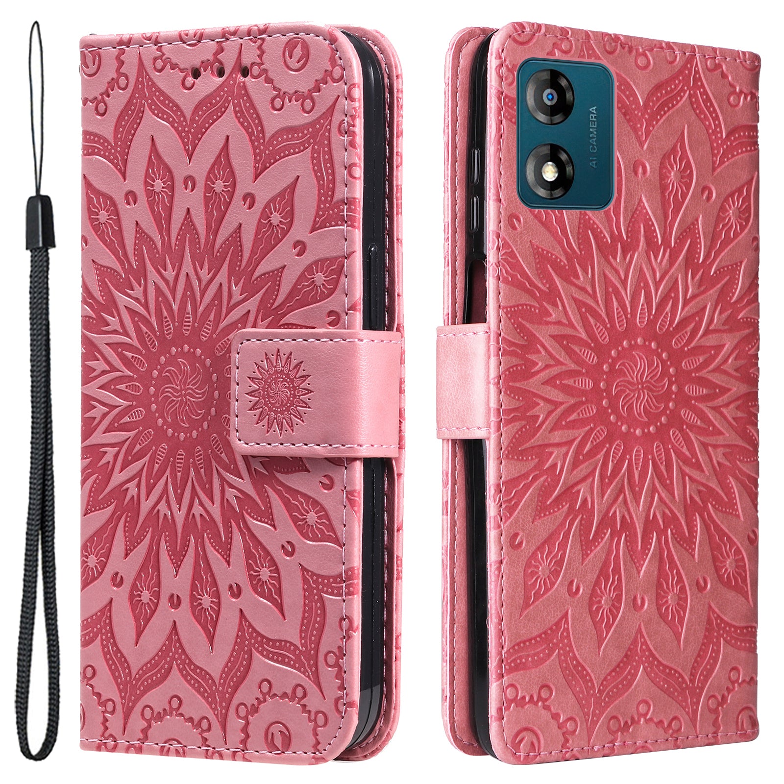 KT Imprinting Flower Series-1 Stand Phone Case for Motorola Moto E13 4G Wallet PU Leather Cover with Strap