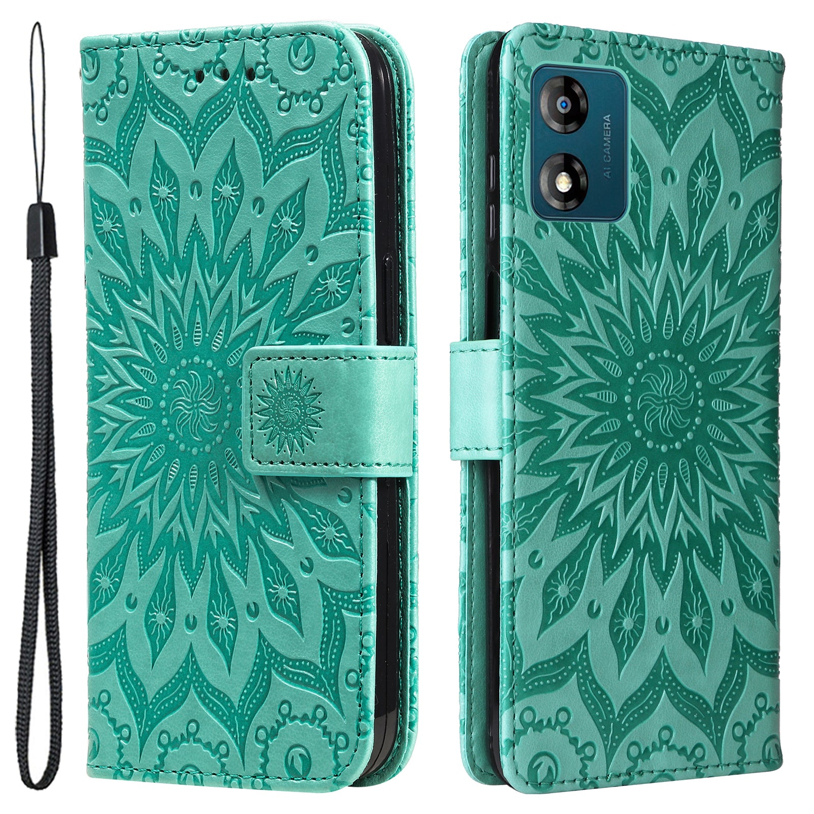 KT Imprinting Flower Series-1 Stand Phone Case for Motorola Moto E13 4G Wallet PU Leather Cover with Strap