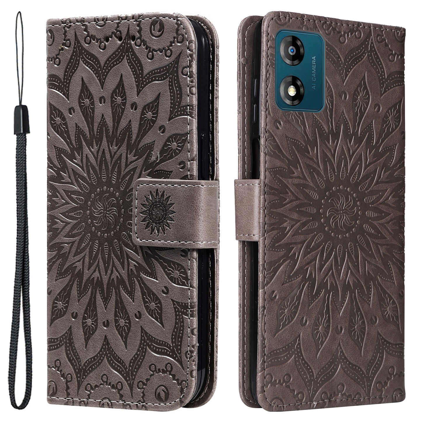 KT Imprinting Flower Series-1 Stand Phone Case for Motorola Moto E13 4G Wallet PU Leather Cover with Strap