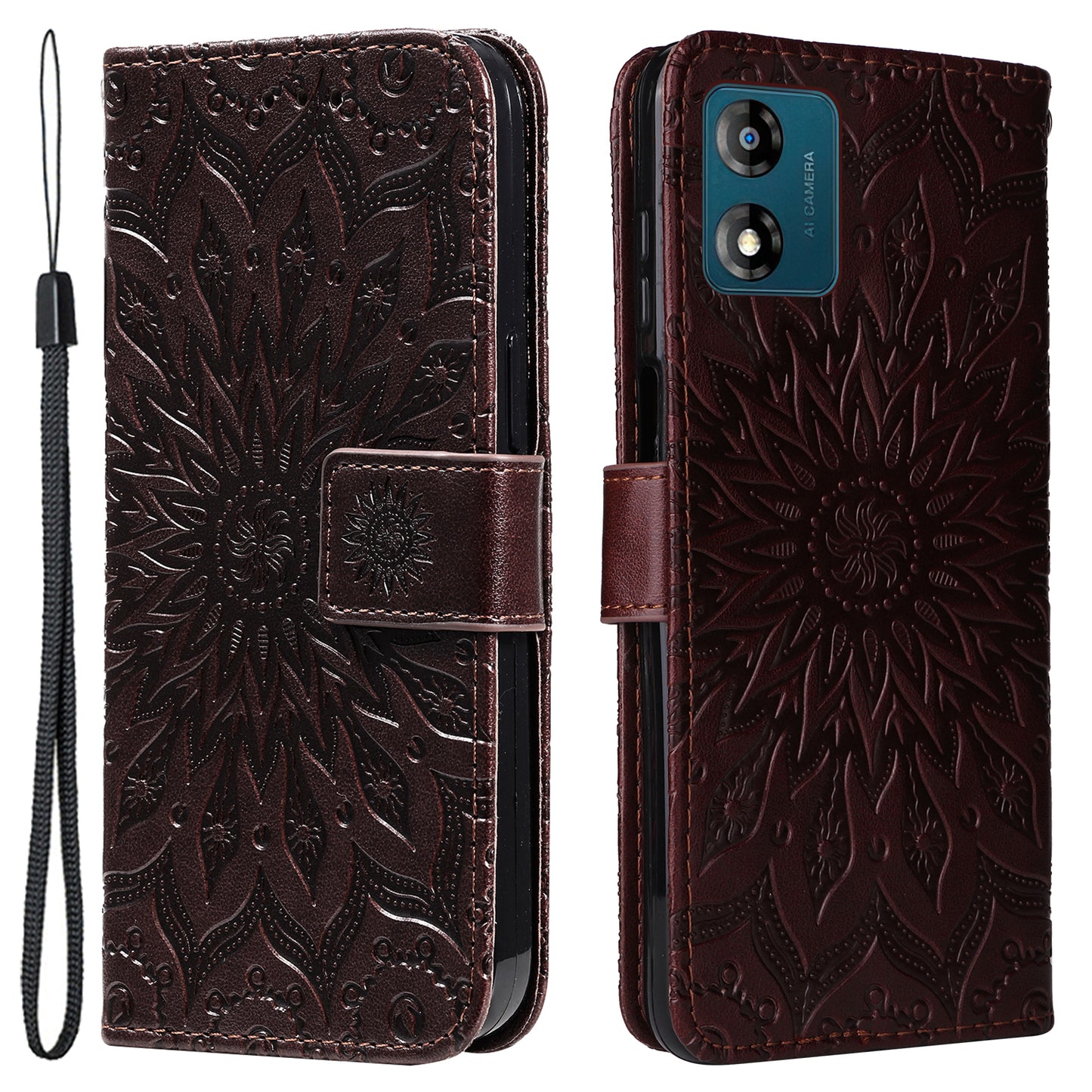 KT Imprinting Flower Series-1 Stand Phone Case for Motorola Moto E13 4G Wallet PU Leather Cover with Strap