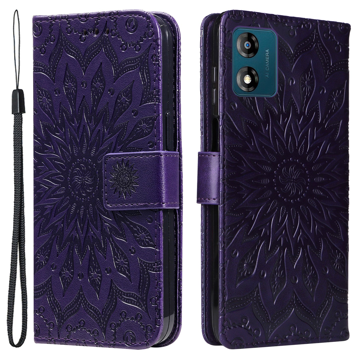 KT Imprinting Flower Series-1 Stand Phone Case for Motorola Moto E13 4G Wallet PU Leather Cover with Strap