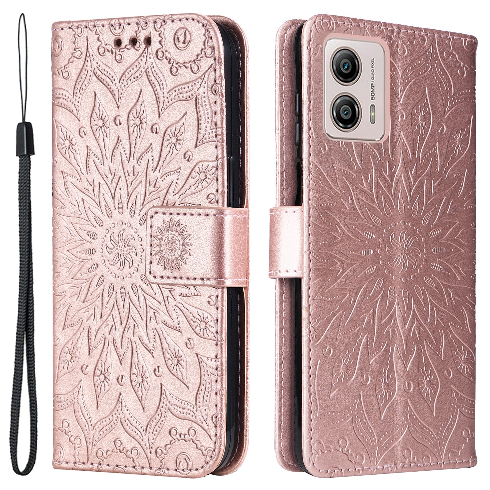 KT Imprinting Flower Series-1 PU Leather Phone Case for Motorola Moto G13 4G / G23 4G / G53 5G Stand Wallet Cover with Strap