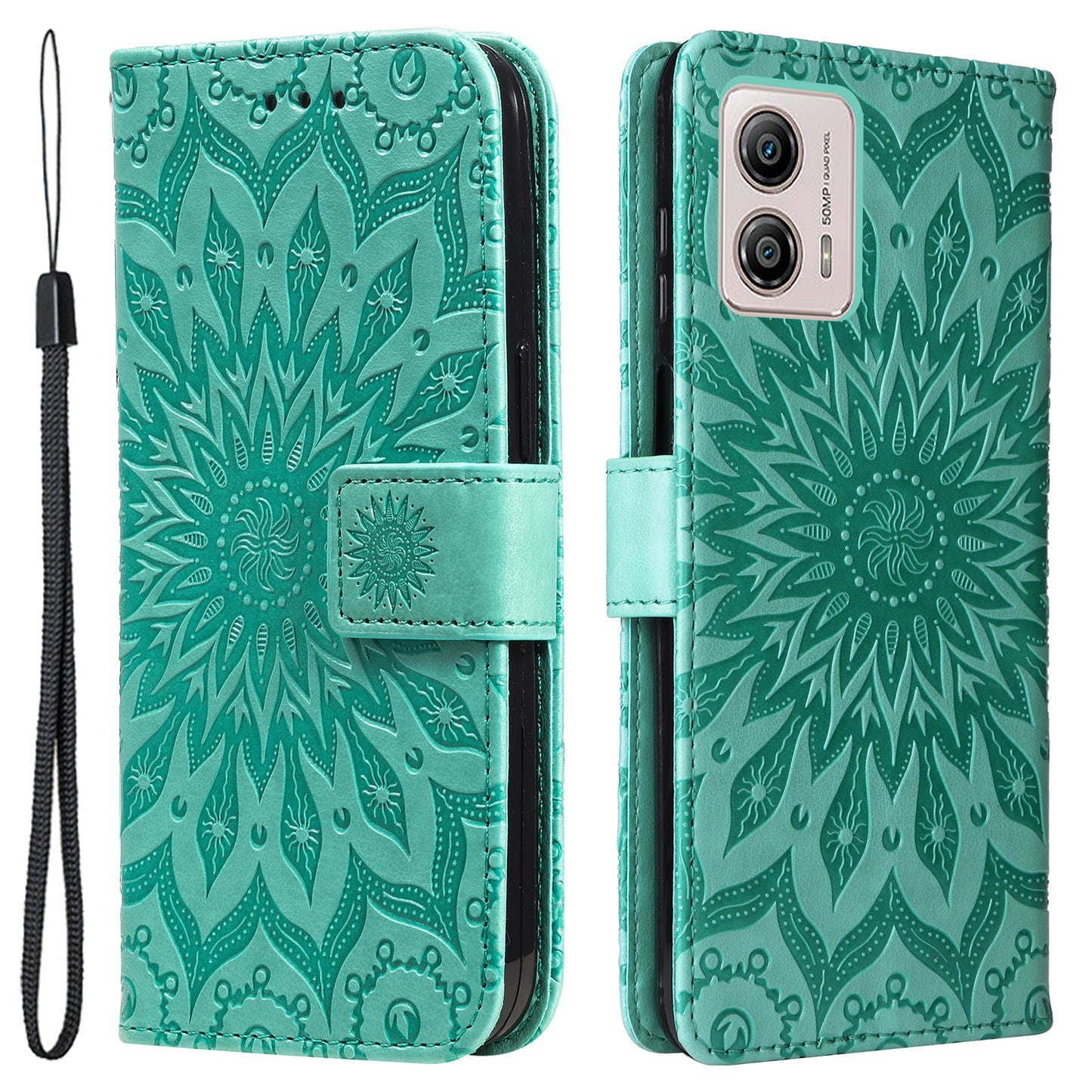 KT Imprinting Flower Series-1 PU Leather Phone Case for Motorola Moto G13 4G / G23 4G / G53 5G Stand Wallet Cover with Strap