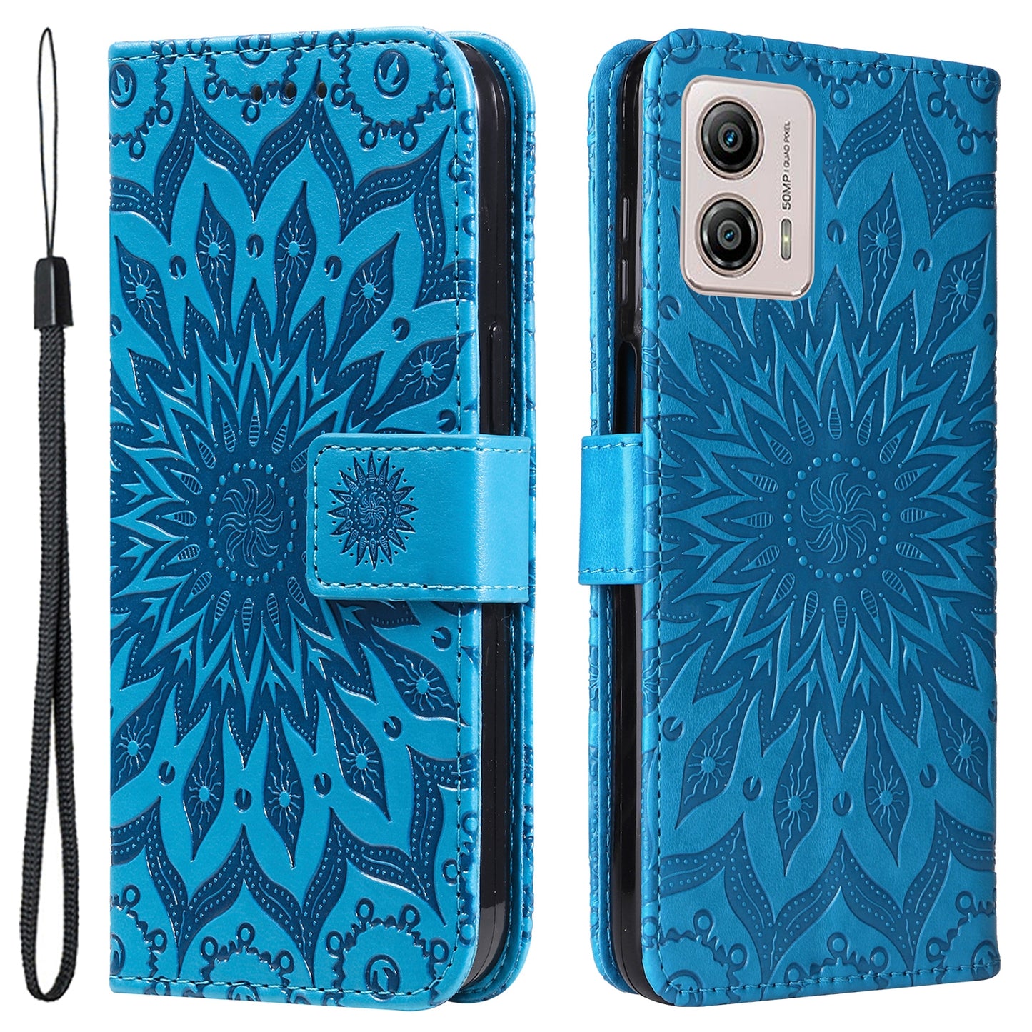 KT Imprinting Flower Series-1 PU Leather Phone Case for Motorola Moto G13 4G / G23 4G / G53 5G Stand Wallet Cover with Strap