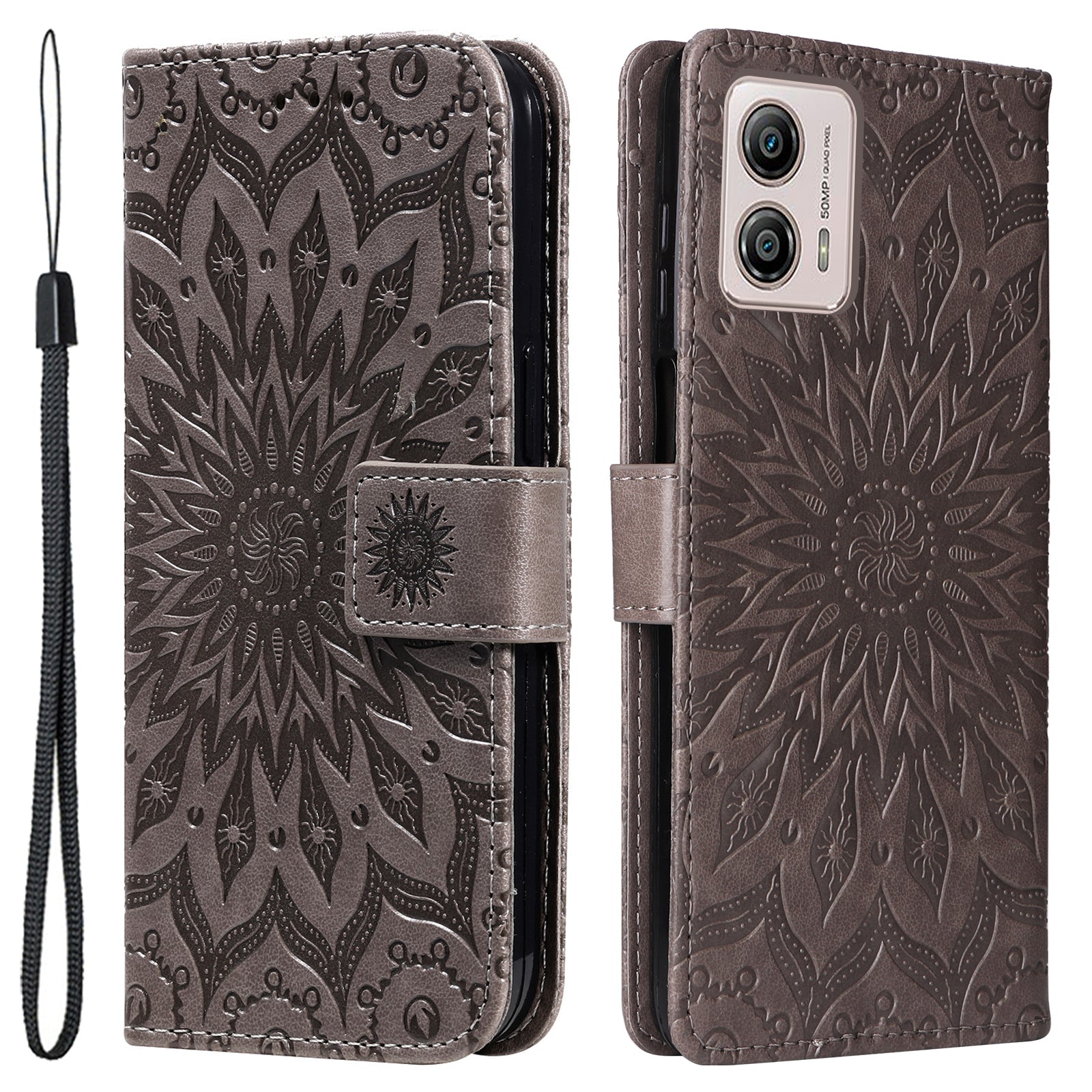 KT Imprinting Flower Series-1 PU Leather Phone Case for Motorola Moto G13 4G / G23 4G / G53 5G Stand Wallet Cover with Strap