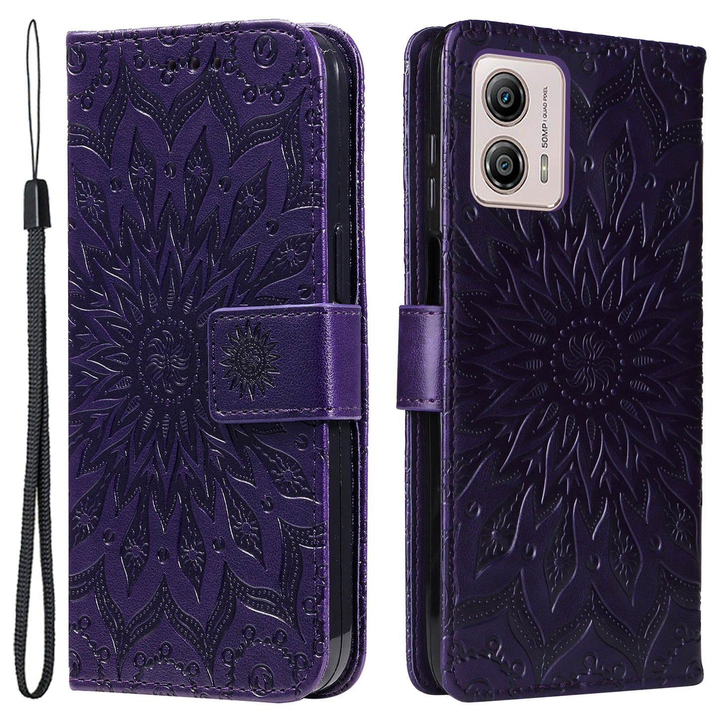 KT Imprinting Flower Series-1 PU Leather Phone Case for Motorola Moto G13 4G / G23 4G / G53 5G Stand Wallet Cover with Strap