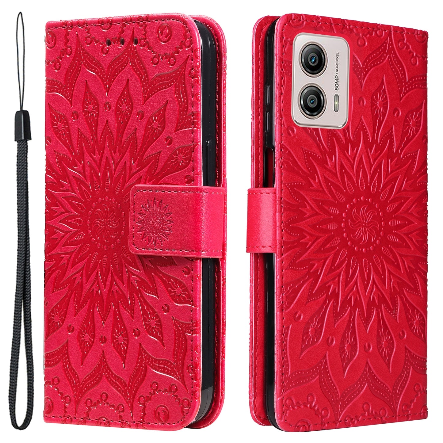 KT Imprinting Flower Series-1 PU Leather Phone Case for Motorola Moto G13 4G / G23 4G / G53 5G Stand Wallet Cover with Strap