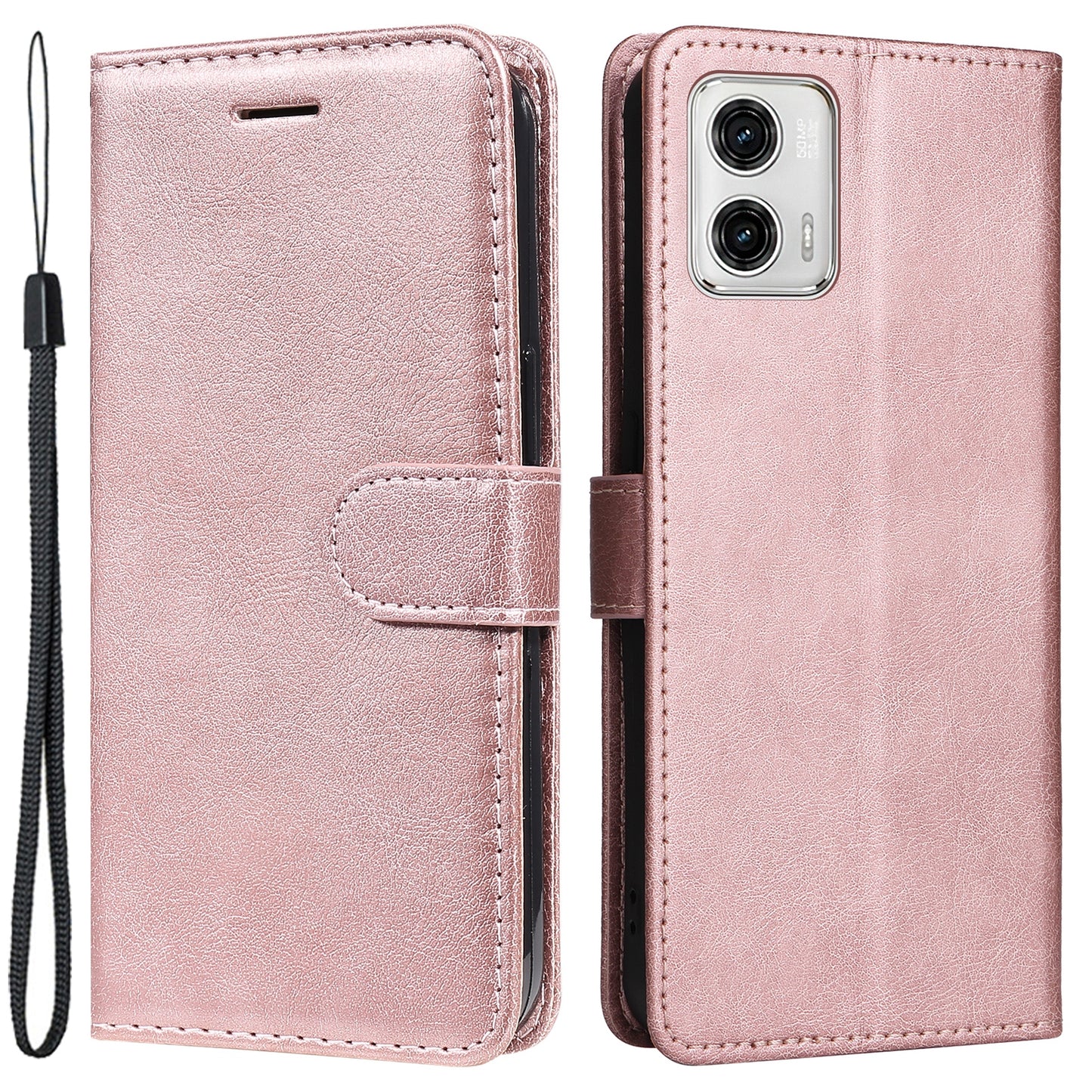 For Motorola Moto G73 5G PU Leather Wallet Case Solid Color Stand Phone Cover with Strap