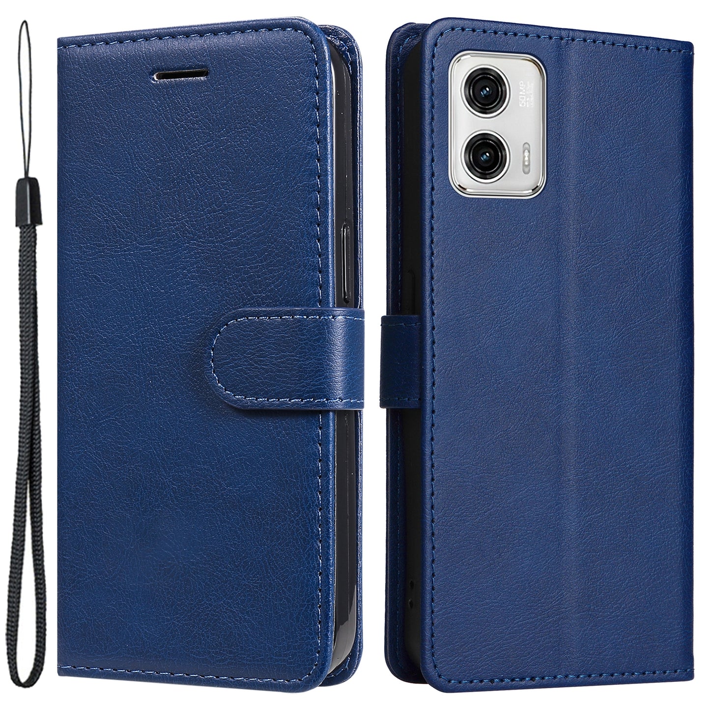 For Motorola Moto G73 5G PU Leather Wallet Case Solid Color Stand Phone Cover with Strap