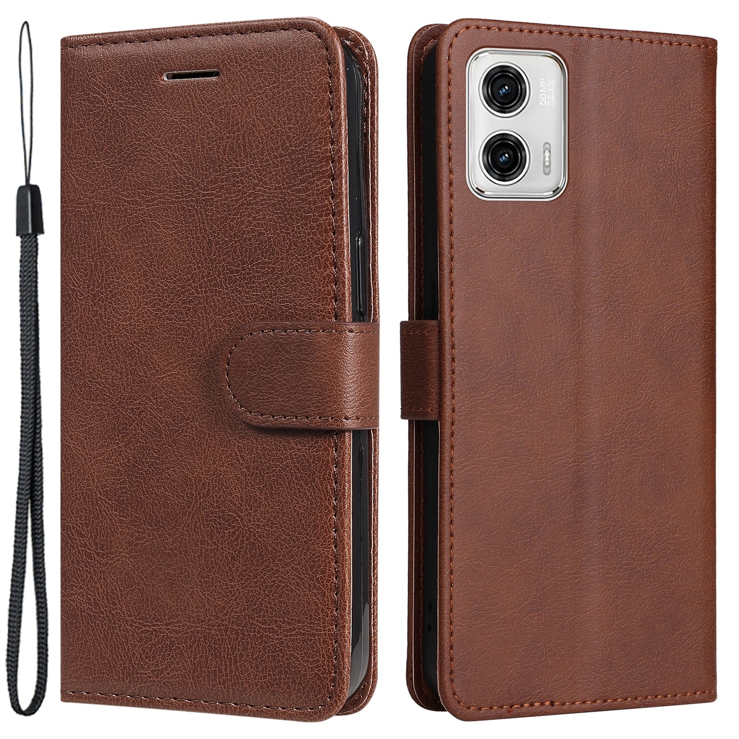 For Motorola Moto G73 5G PU Leather Wallet Case Solid Color Stand Phone Cover with Strap