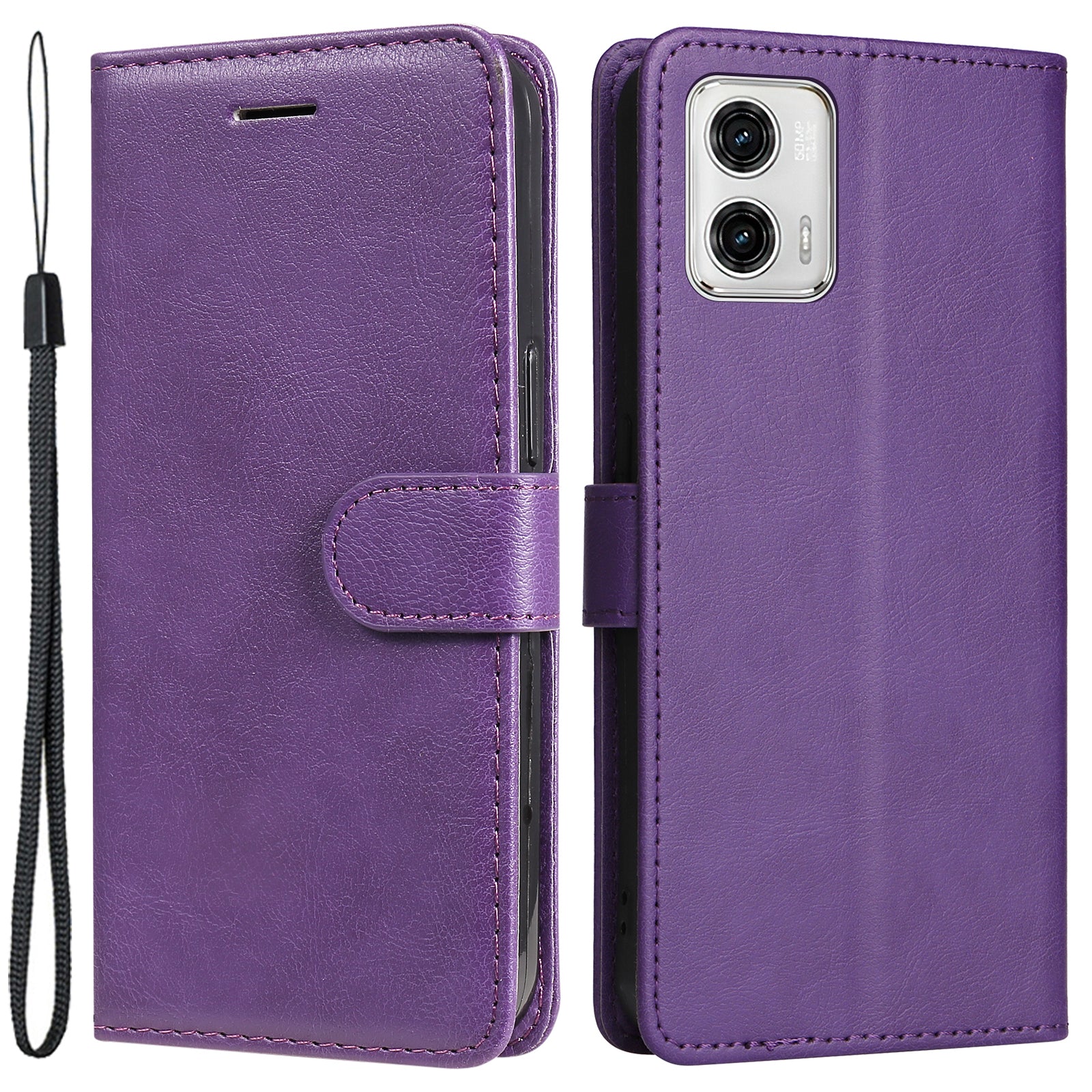 For Motorola Moto G73 5G PU Leather Wallet Case Solid Color Stand Phone Cover with Strap