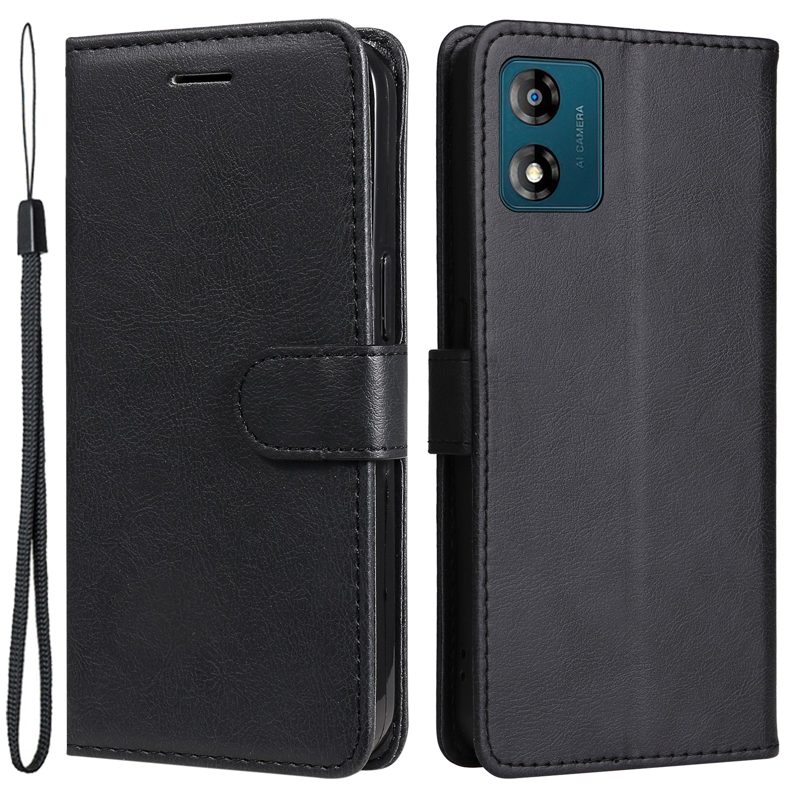 For Motorola Moto E13 4G Solid Color PU Leather Phone Case Wallet Stand Shockproof Cover with Strap