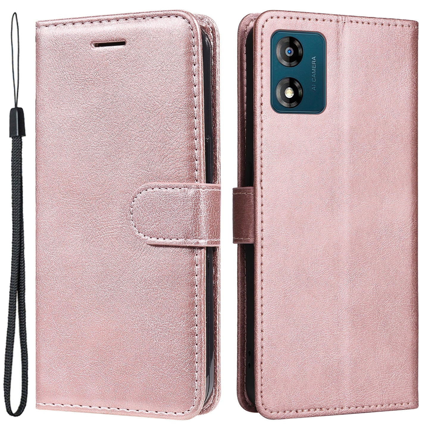 For Motorola Moto E13 4G Solid Color PU Leather Phone Case Wallet Stand Shockproof Cover with Strap