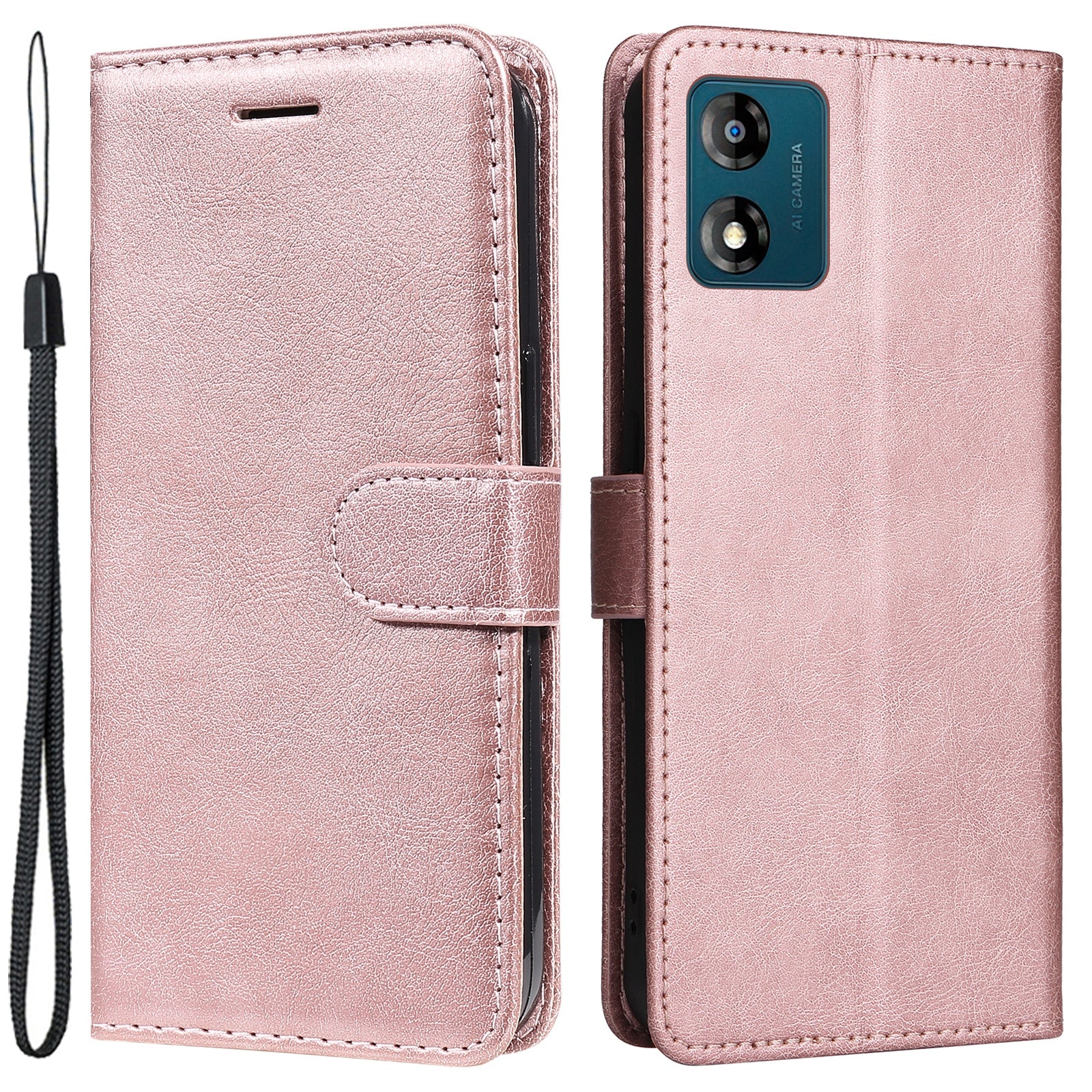 For Motorola Moto E13 4G Solid Color PU Leather Phone Case Wallet Stand Shockproof Cover with Strap