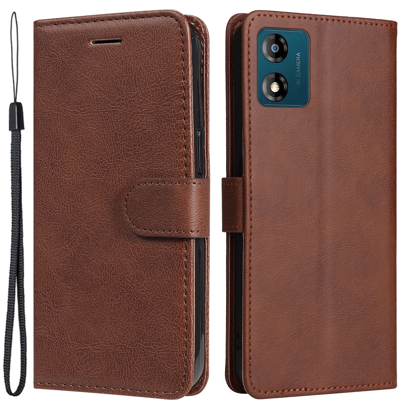 For Motorola Moto E13 4G Solid Color PU Leather Phone Case Wallet Stand Shockproof Cover with Strap