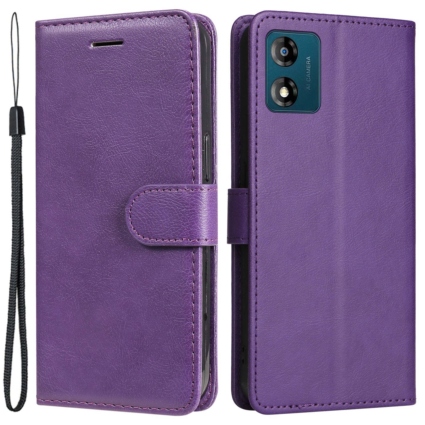 For Motorola Moto E13 4G Solid Color PU Leather Phone Case Wallet Stand Shockproof Cover with Strap