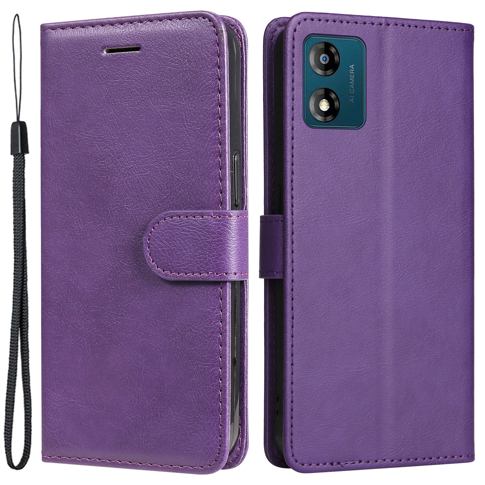 For Motorola Moto E13 4G Solid Color PU Leather Phone Case Wallet Stand Shockproof Cover with Strap