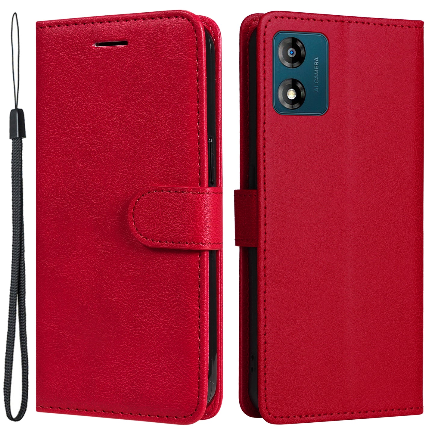 For Motorola Moto E13 4G Solid Color PU Leather Phone Case Wallet Stand Shockproof Cover with Strap