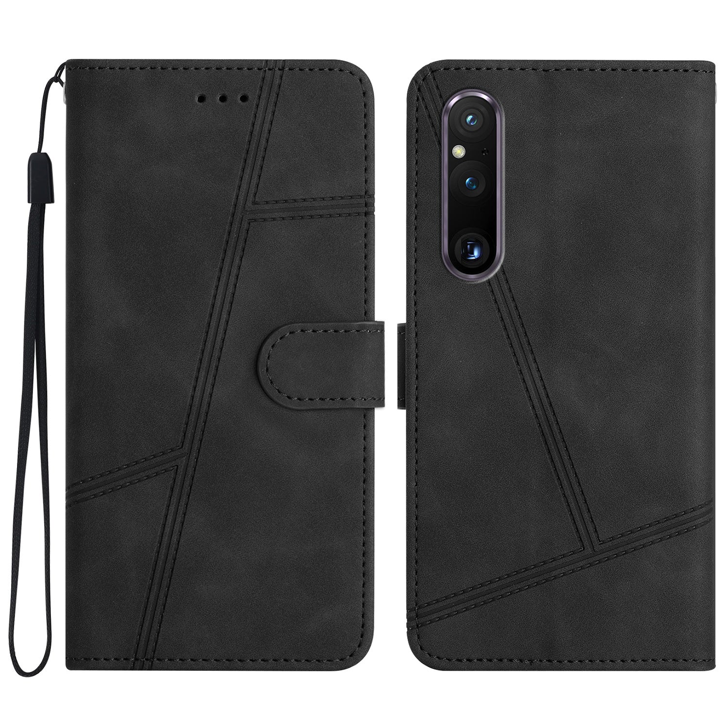 For Sony Xperia 1 V Anti-drop Cover with Wallet Stand Imprinted Line Skin-touch PU Leather Phone Shell