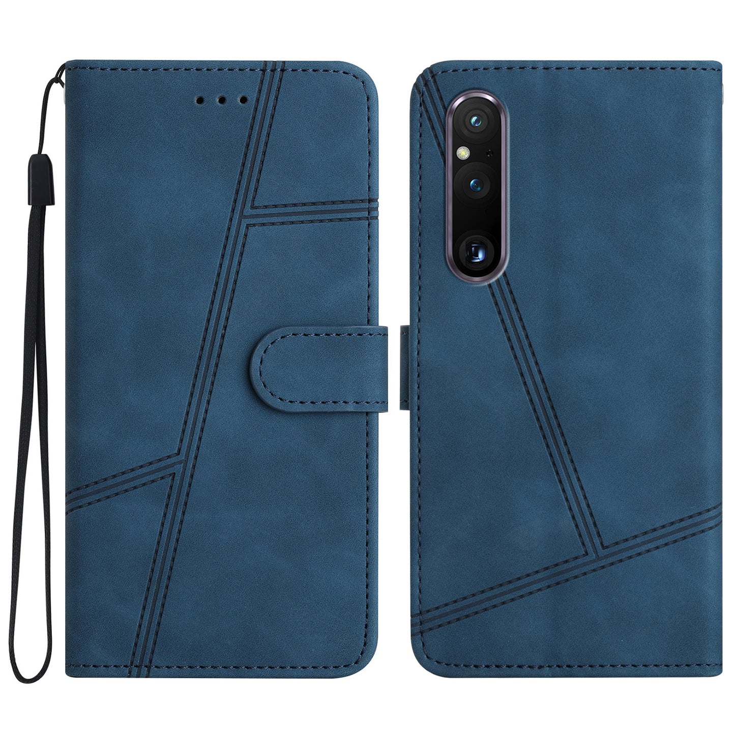 For Sony Xperia 1 V Anti-drop Cover with Wallet Stand Imprinted Line Skin-touch PU Leather Phone Shell