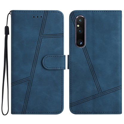 For Sony Xperia 1 V Anti-drop Cover with Wallet Stand Imprinted Line Skin-touch PU Leather Phone Shell