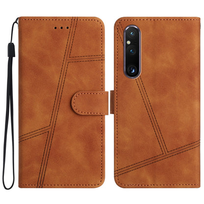 For Sony Xperia 1 V Anti-drop Cover with Wallet Stand Imprinted Line Skin-touch PU Leather Phone Shell